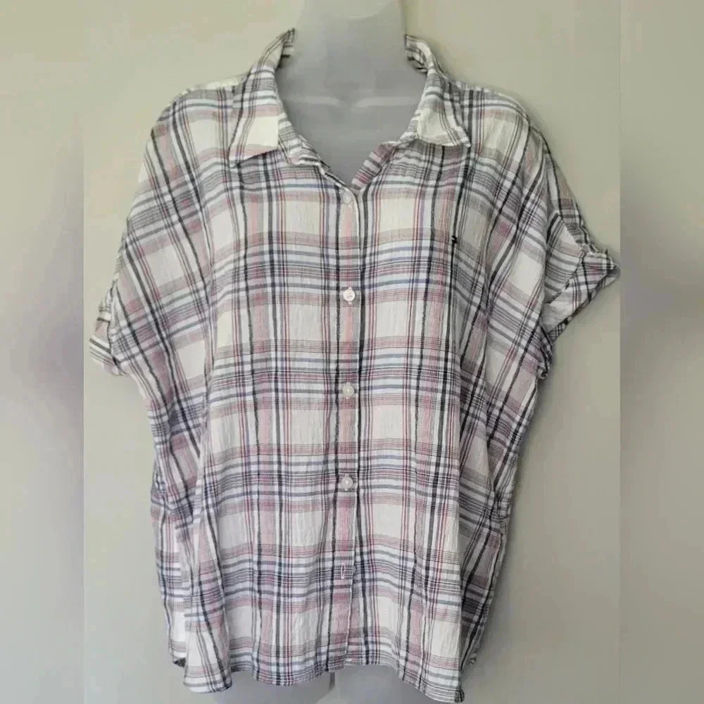 Tommy Hilfiger Drop Shoulder cuffed sleeve plaid button-down top, womens XLG - Picture 2 of 10